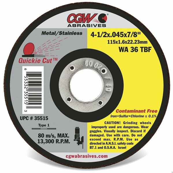 Cgw Abrasives Quickie Cut Quickie Cut Contaminant-Free Straight Cut-Off Wheel, 6 in Dia x 0.045 in THK, 7/8 in Cen 36302